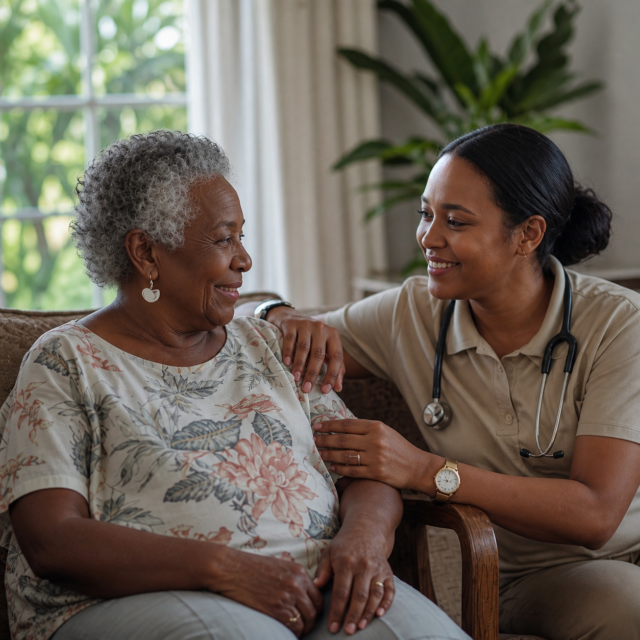 A family and home-care professional sharing a warm moment with an older loved one